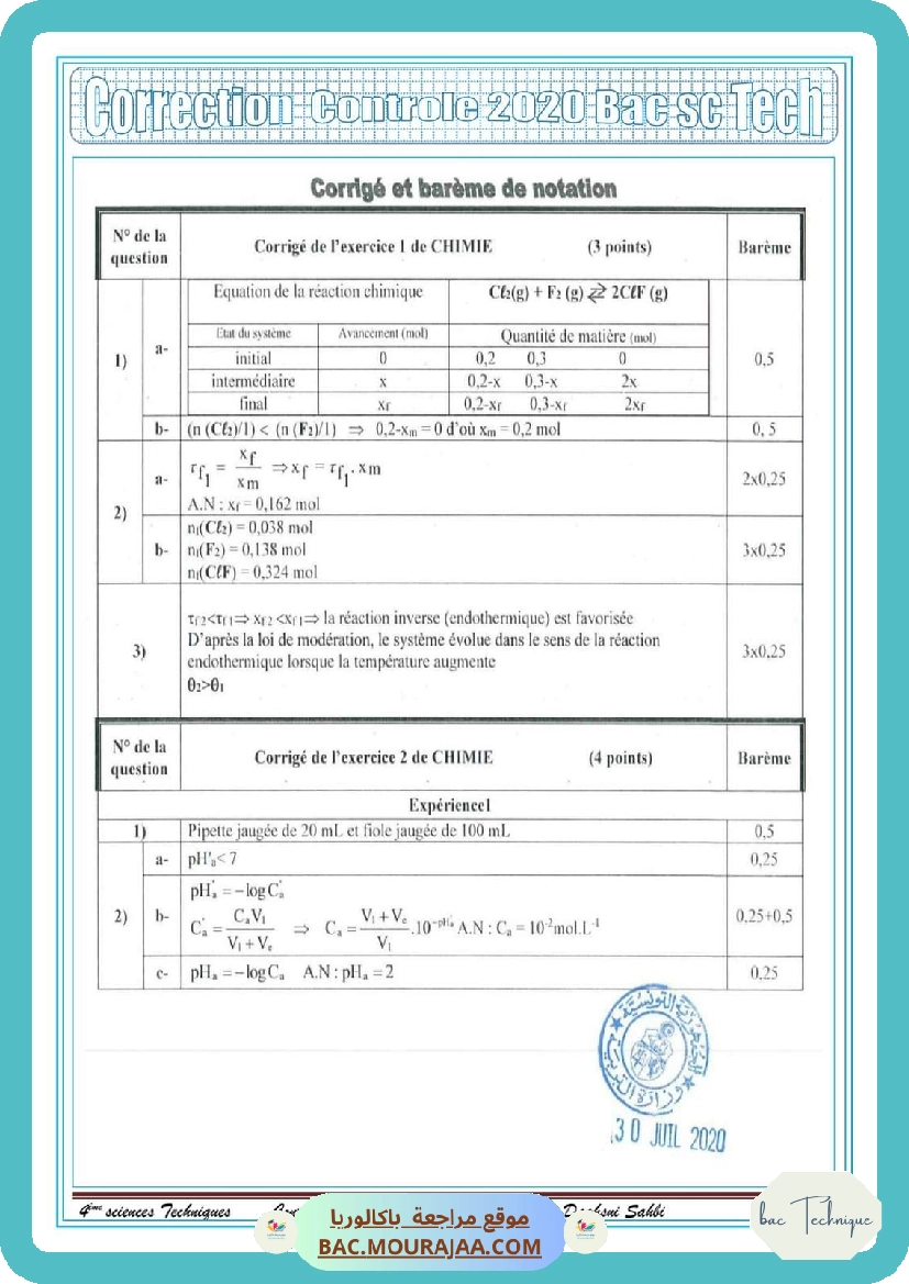 Corrigé controle physique Bac 2020 – Section technique